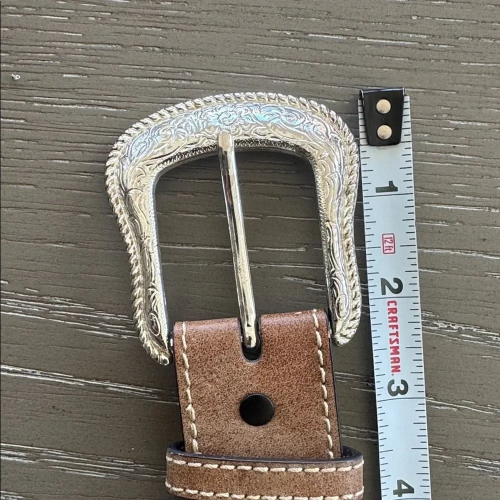 Western Tan Leather Belt with Silver-Tone Buckle Embroidered Women’s Size L EUC